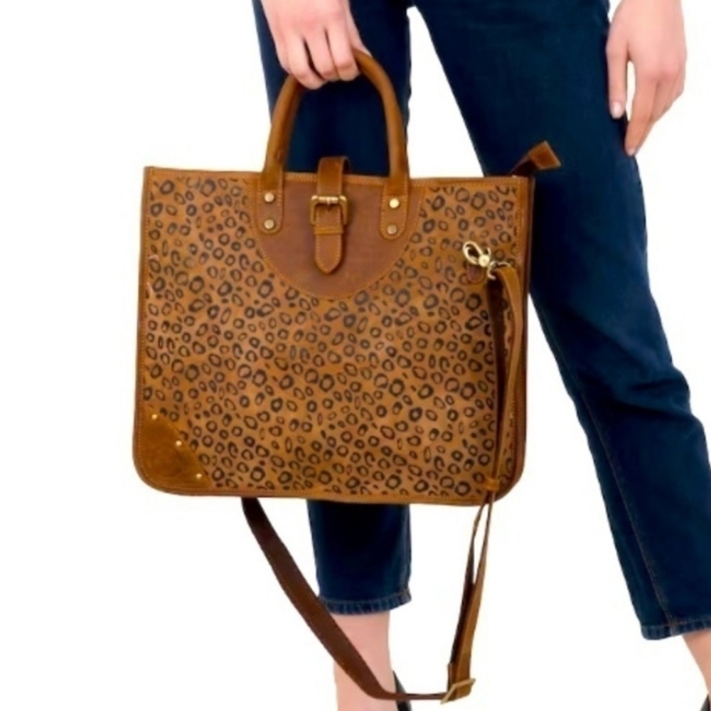 VAAN & CO Mixed Animal Print Leather & Suede Tote / Messenger Bag. Brown/black.
